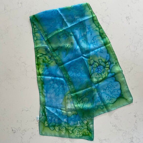 Luxurious Vintage Tie Dye 100% Silk Rectangle Scarf Vivid Blue Green Sz OS - Picture 3 of 8
